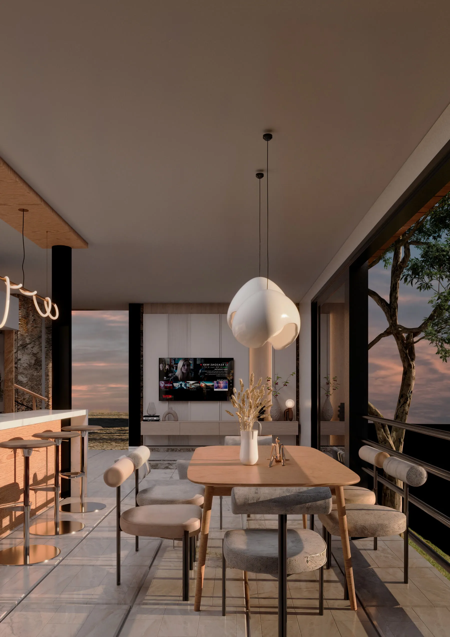 Render del interior del comedor y la cocina de una cabaña de Charta