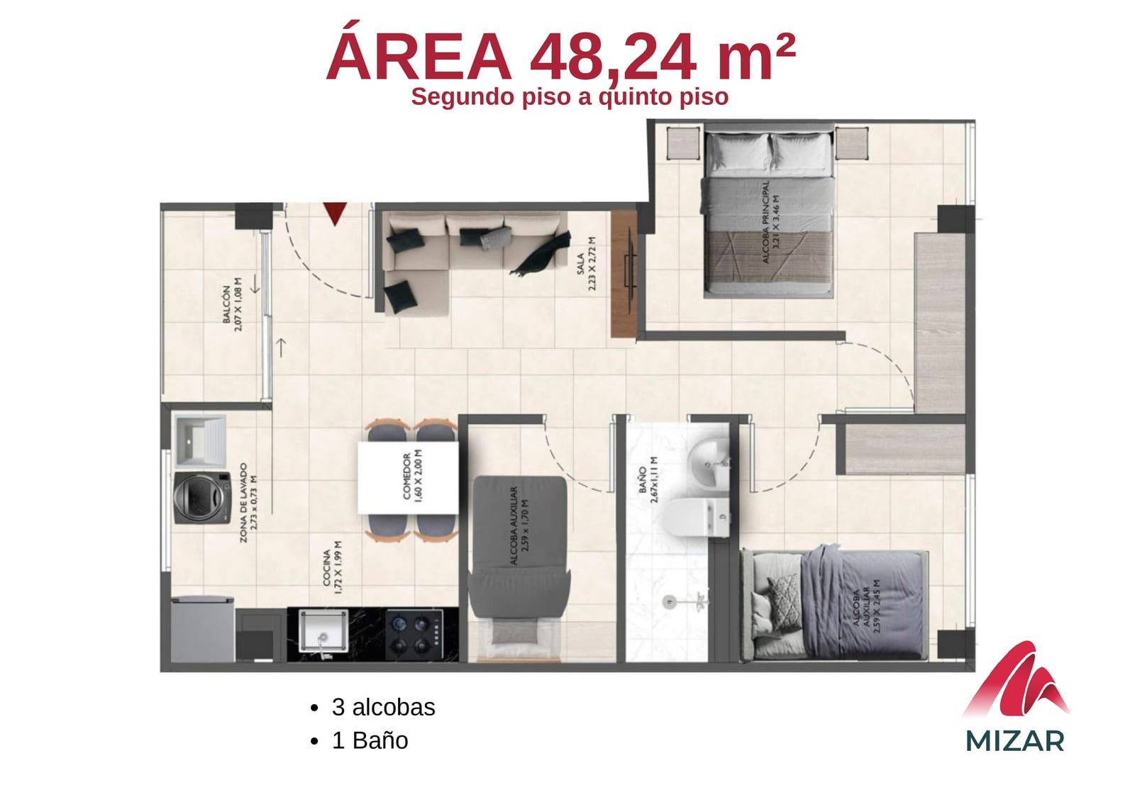 Plano del apartamento Tipo 1 — 48,24 m², 3 alcobas y 1 baño