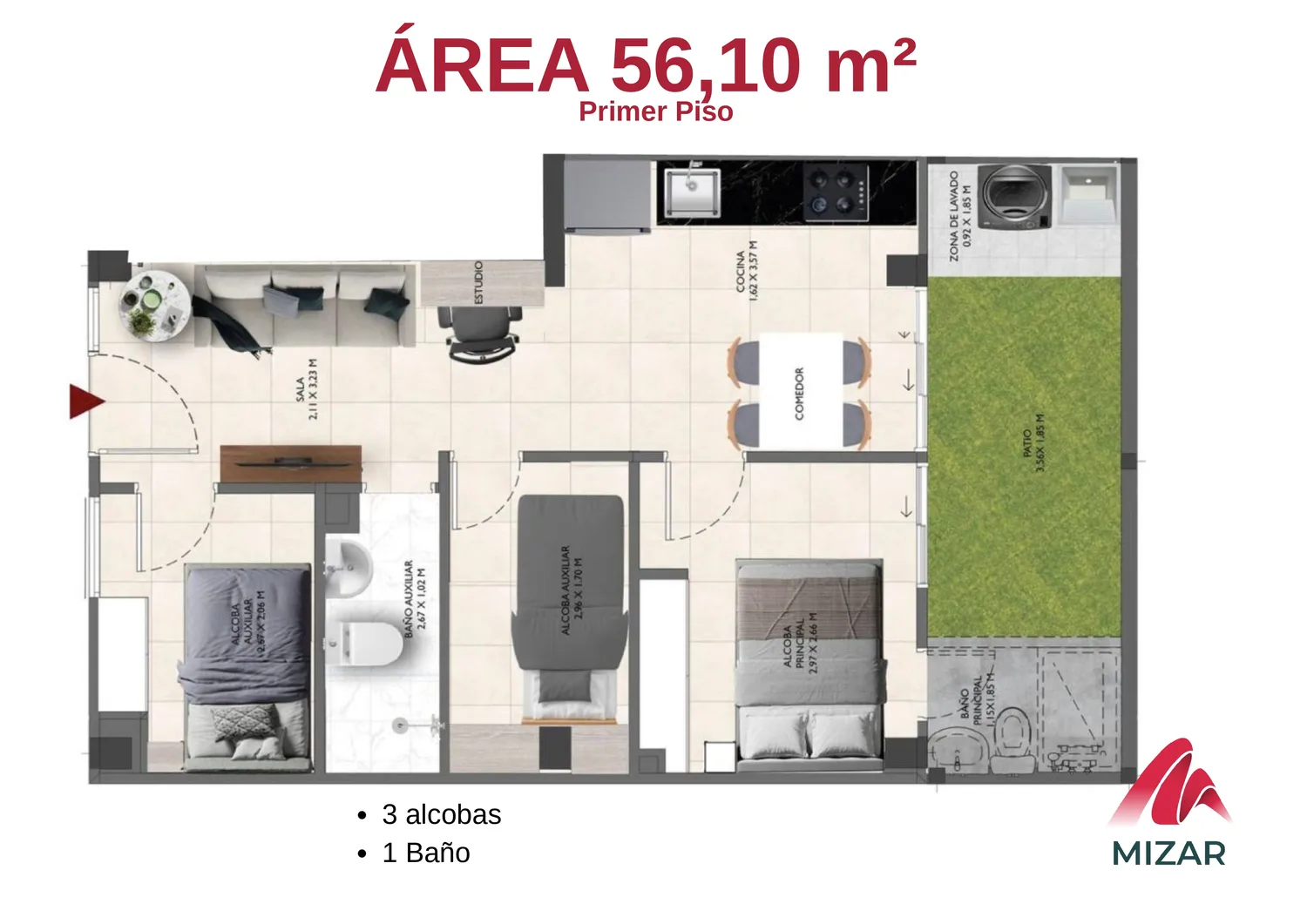 Plano del apartamento Tipo 2 — 56,10 m², 3 alcobas, 1 baño y patio